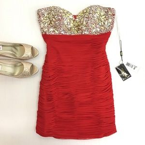 Terani Couture | Red Roush Beaded Short Prom Dress